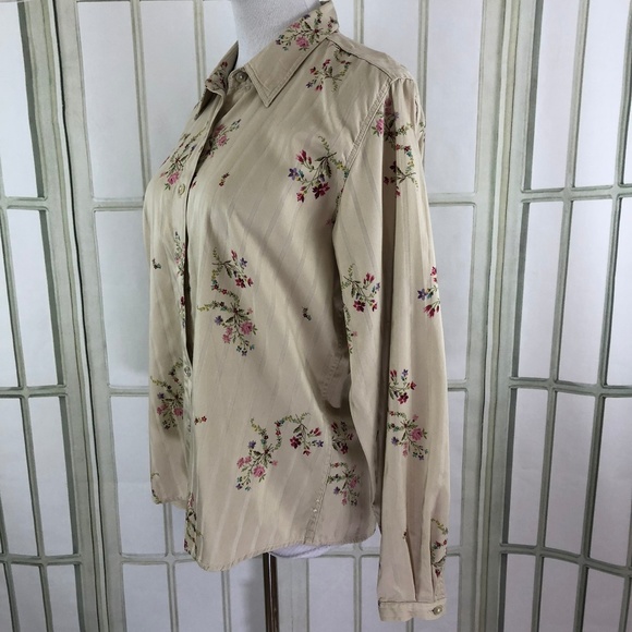 Button Down Tan Pink Floral Long Sleeve Career Top - Picture 6 of 8